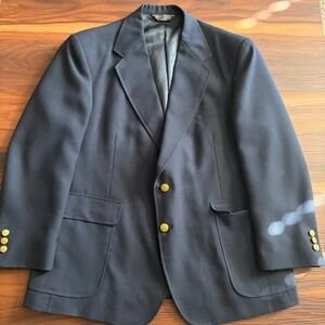 Stafford Navy Blazer 44PS Portly Short Gold Button Sport Coat Wool Blend Jacket